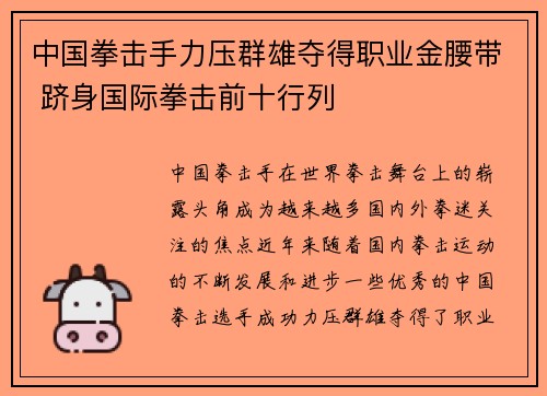 中国拳击手力压群雄夺得职业金腰带 跻身国际拳击前十行列