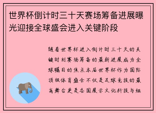 世界杯倒计时三十天赛场筹备进展曝光迎接全球盛会进入关键阶段