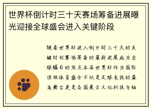 世界杯倒计时三十天赛场筹备进展曝光迎接全球盛会进入关键阶段