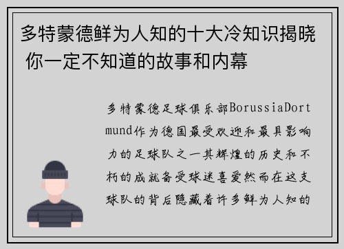 多特蒙德鲜为人知的十大冷知识揭晓 你一定不知道的故事和内幕